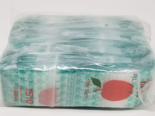 Original Apple Bags resealable bags with leaf design, measuring 1.5 x 1 inch, ideal for packaging or storage.