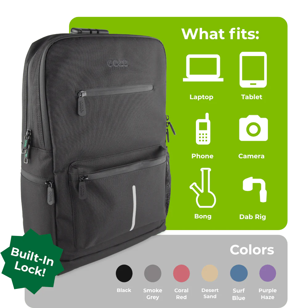 Ooze Traveler Classic smell proof backpack in smoke gray showing a sleek, durable design with multiple compartments for discreet storage.
