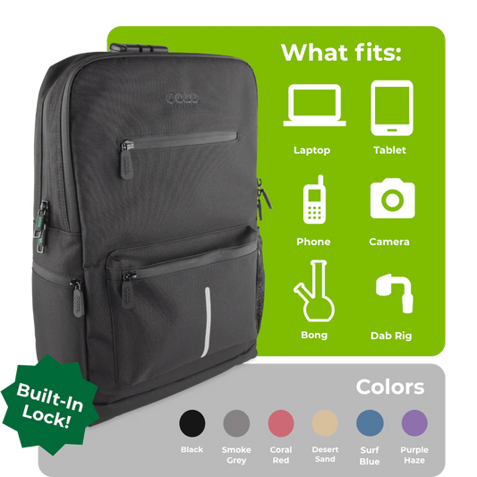 Ooze Traveler Classic smell proof backpack in smoke gray showing a sleek, durable design with multiple compartments for discreet storage.
