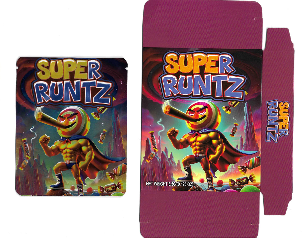 Smell-proof SUPER RUNTZ storage bag from The Baggie Store with a sleek design and secure zip closure.