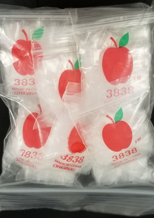 Clear resealable bags from Original Apple Bags, 3/8 inch by 3/8 inch, shown in the image.