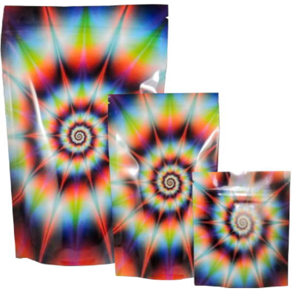 Colorful tie-dye Mylar stealth bag from Cannaline, designed for discreet storage and protection.