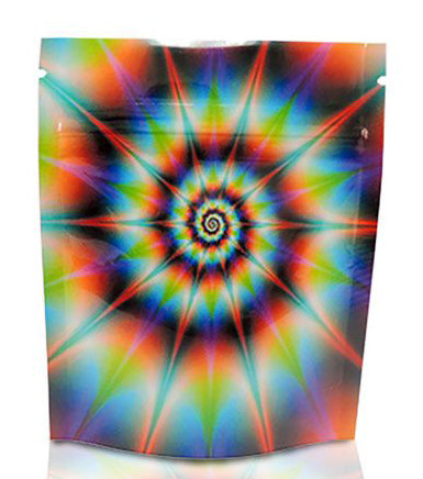 Colorful tie-dye Mylar stealth bag by Cannaline, designed for discreet storage of personal items.