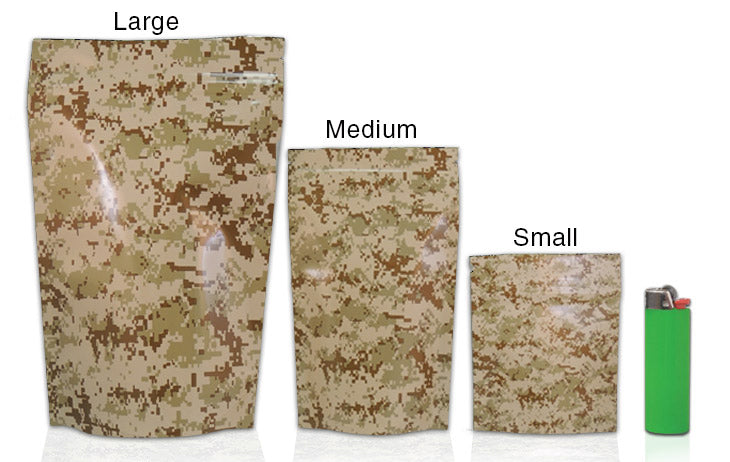 Tan camo Mylar Stealth Bag by Cannaline, designed for discreet storage with durable, lightweight material.
