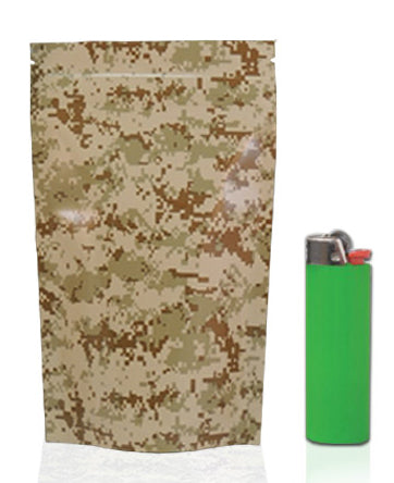 Cannaline Mylar Stealth Bag in tan camo with durable design and secure closure for discreet storage and transportation.
