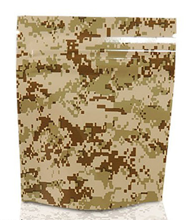 Cannaline Mylar Stealth Bag in tan camo featuring durable, discreet packaging for secure storage and concealment.