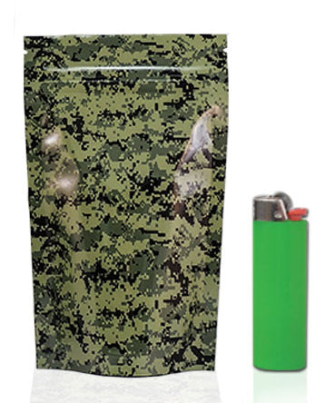 Green camo Mylar Stealth Bag by Cannaline, durable storage pouch with discreet camouflage design for secure storage.