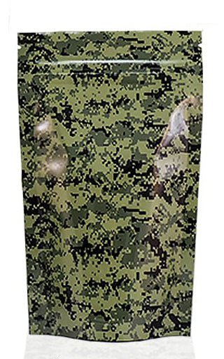 Green camo Mylar Stealth Bag by Cannaline with secure zipper and durable material for discreet storage and protection.