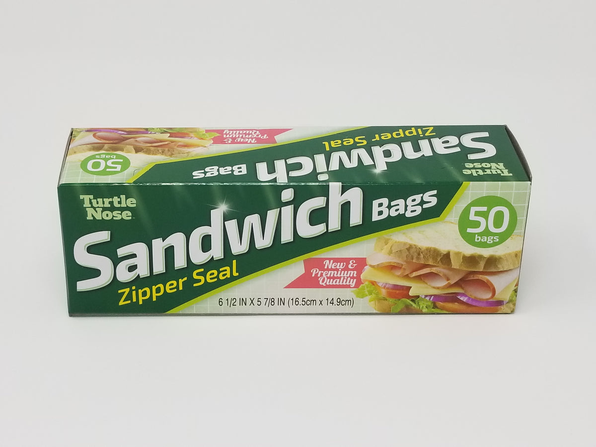 Clear sandwich bags by Turtle Nose, showing resealable plastic storage bags for sandwiches and snacks.