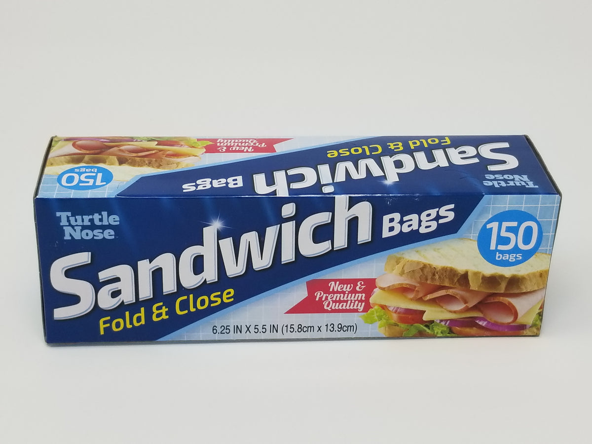 Clear sandwich bags by Turtle Nose, showing resealable plastic food storage bags with folded top and transparent material.
