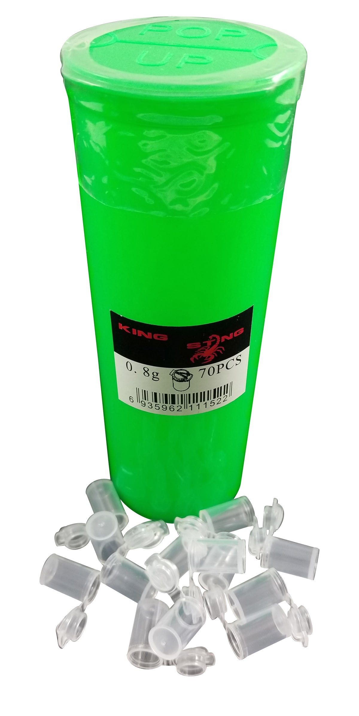 Green King Sting Mini Pop Top Plastic Container with squeeze top, 1.5cm x 1cm, 0.8g, for prescription pills, 60 count.
