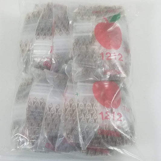 Resealable 1212 Original Apple Bags for ice cream, 1/2 inch by 1/2 inch, clear plastic storage bags.