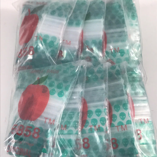 Original Apple Bags resealable bags in 5/8" x 5/8" size with alien design, made for secure storage and packaging.