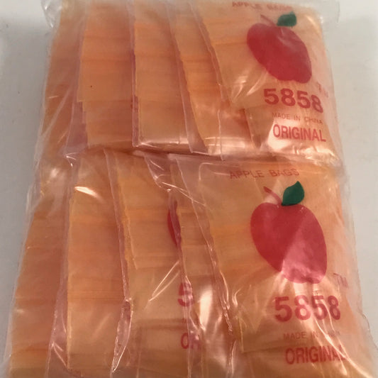 Orange 5858 Original Apple Bags resealable bags, 5/8 inch by 5/8 inch, made by Original Apple Bags, shown in the image.