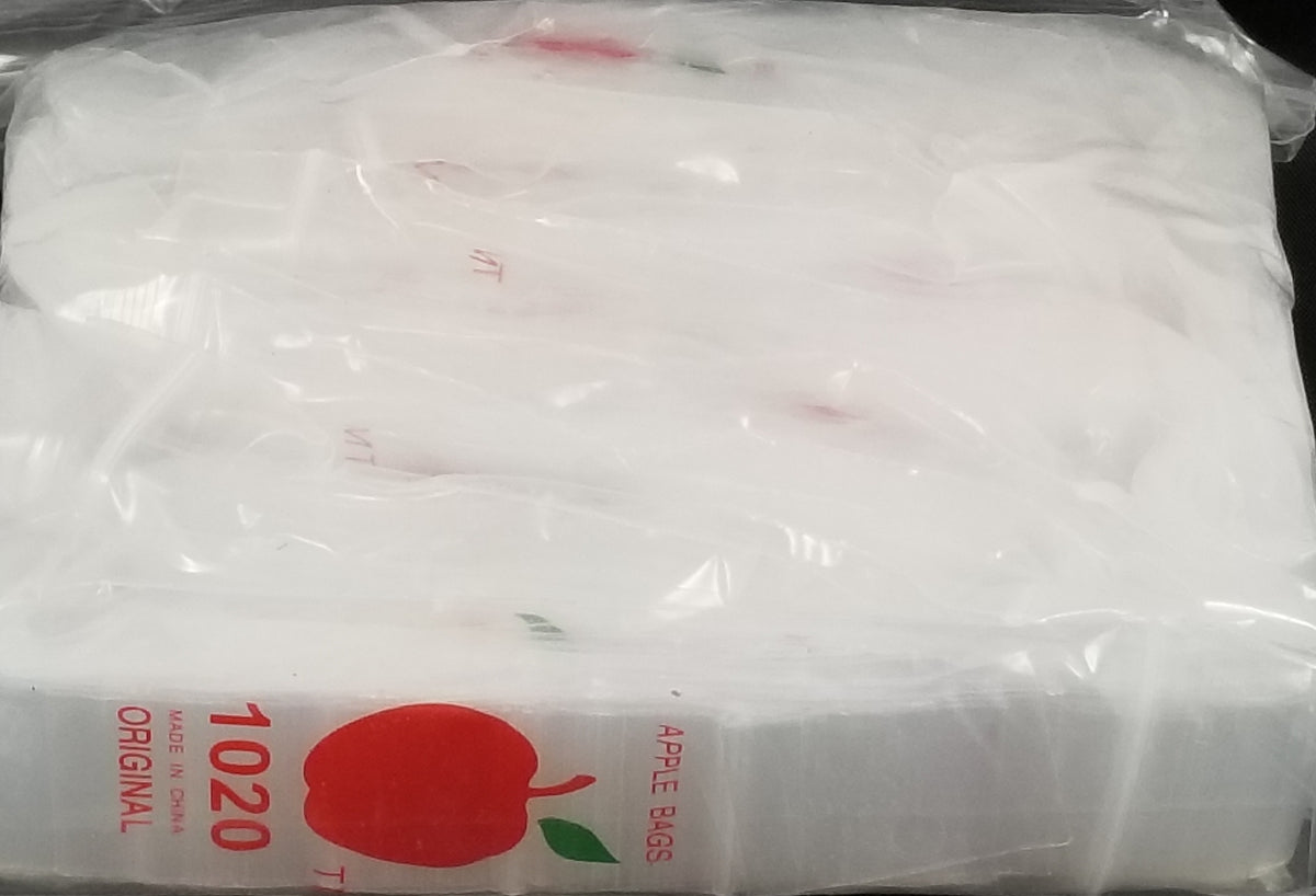 Clear 1"x2" resealable Apple Bags by Original Apple Bags, showing transparent plastic bags with resealable closures.