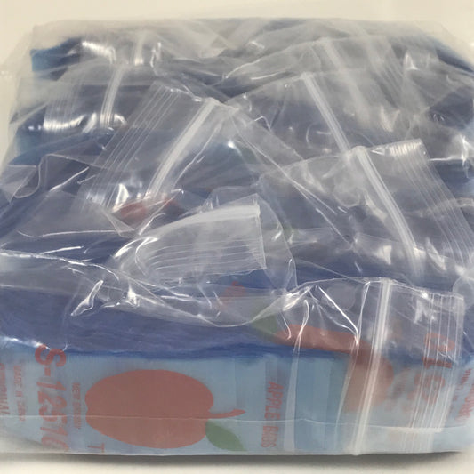 Blue resealable Apple Bags by Original Apple Bags, 1.25 x 1 inch, shown with transparent plastic material and secure zip closure.