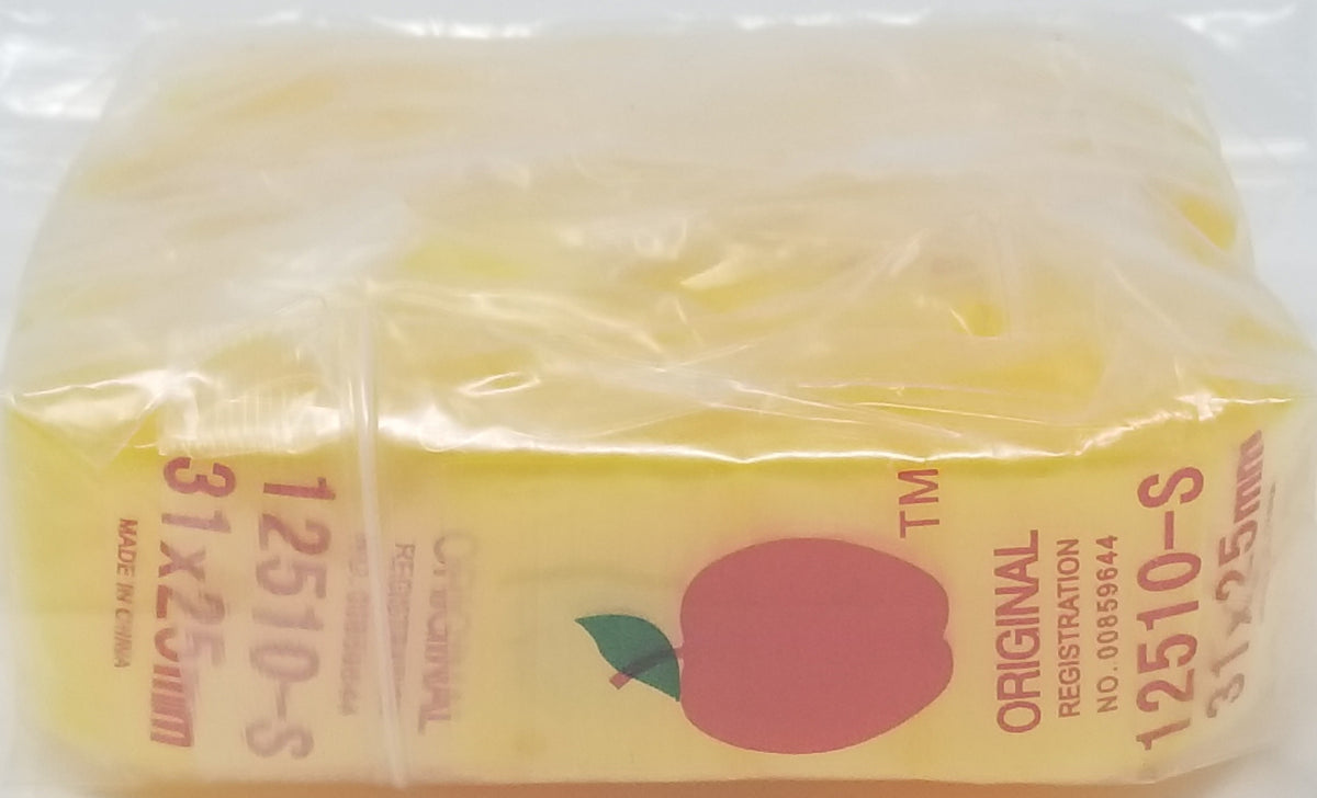 Yellow resealable bags by Original Apple Bags, 1.25" x 1", designed for storing small items or produce.