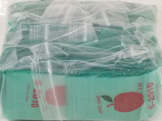 Green 2x1-inch resealable apple bags by Original Apple Bags, designed for secure storage and packaging of small items.