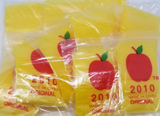 Yellow 2010 Original Apple Bags resealable bags, 2x1 inches, made by Original Apple Bags, shown in the product image.