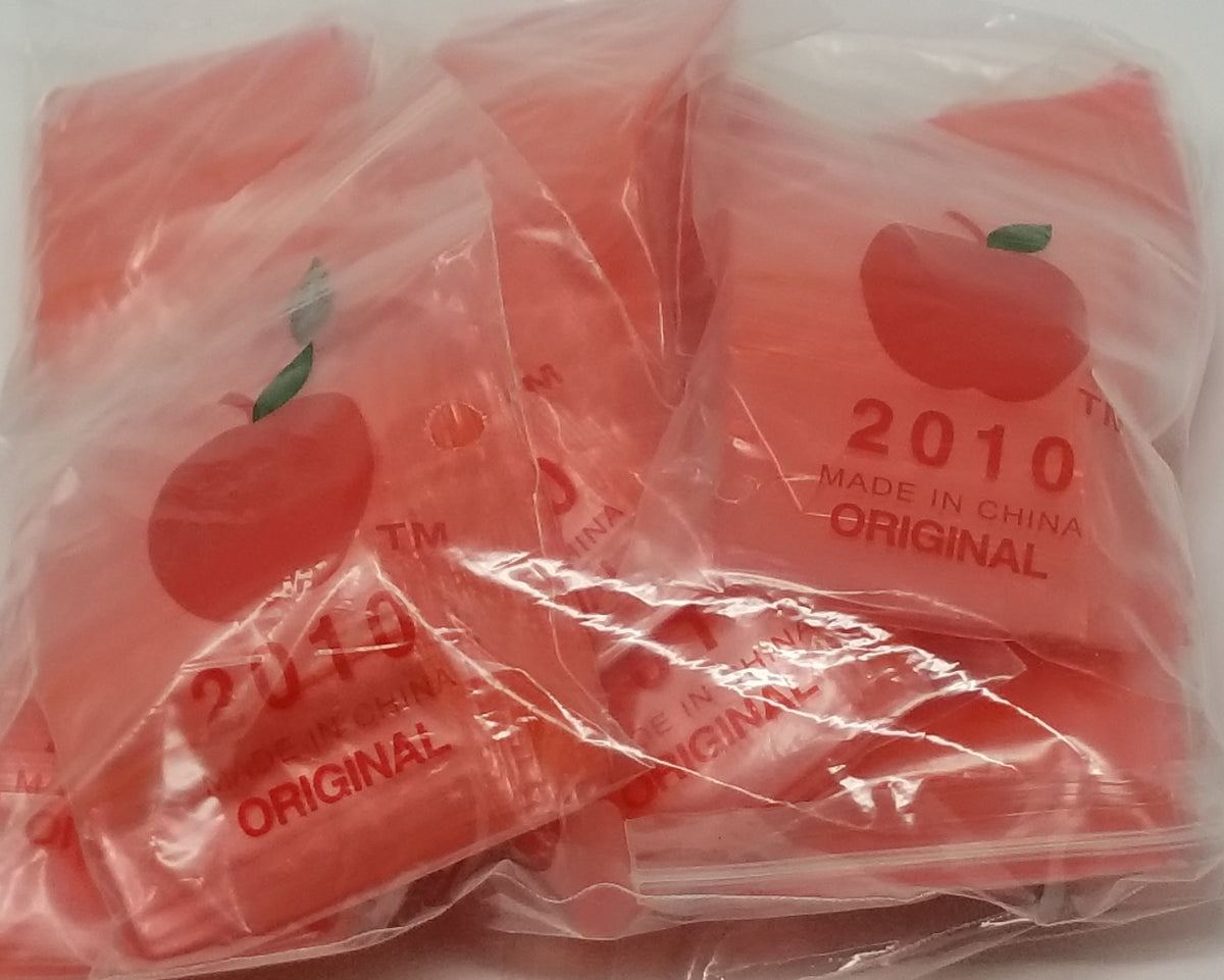 Red 2010 Original Apple Bags resealable bags measuring 2" x 1" with a clear view of the packaging and branding.