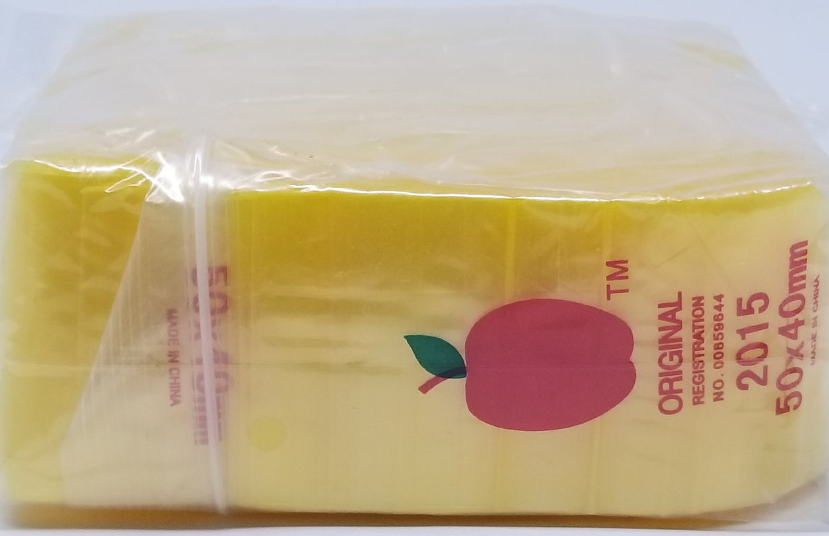 Yellow 2015 Original Apple Bags resealable bags, 2x1.5 inches, made by Original Apple Bags for storing small items.