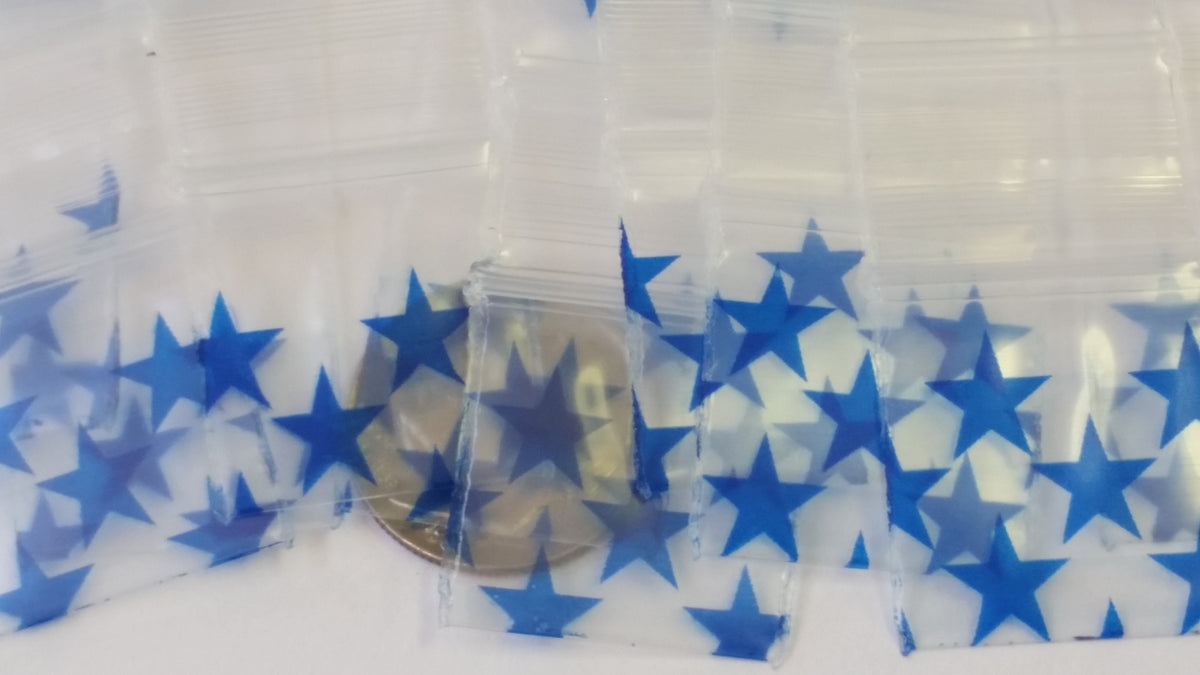 Blue stars resealable bags from Original Apple Bags, 3/4 inch by 3/4 inch, ideal for gifting or storage.