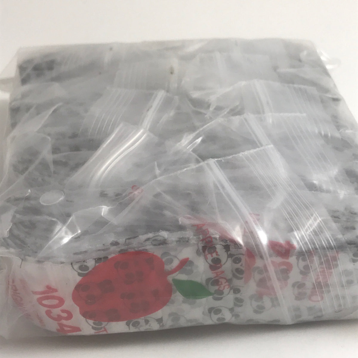 Resealable Original Apple Bags with panda design, 1 inch by 3/4 inch, ideal for packaging small items or snacks.
