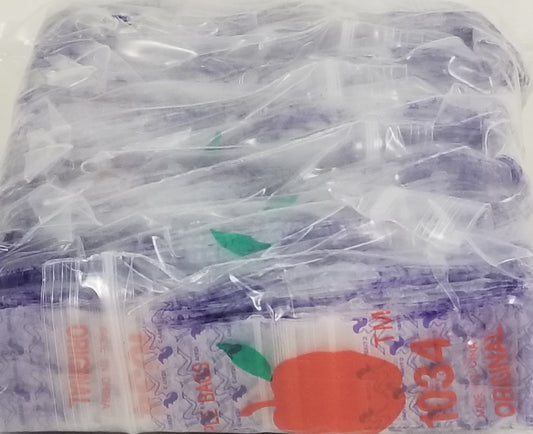 Resealable Original Apple Bags, heavy-duty clear plastic bags measuring 1 inch by 3/4 inch, suitable for packaging.