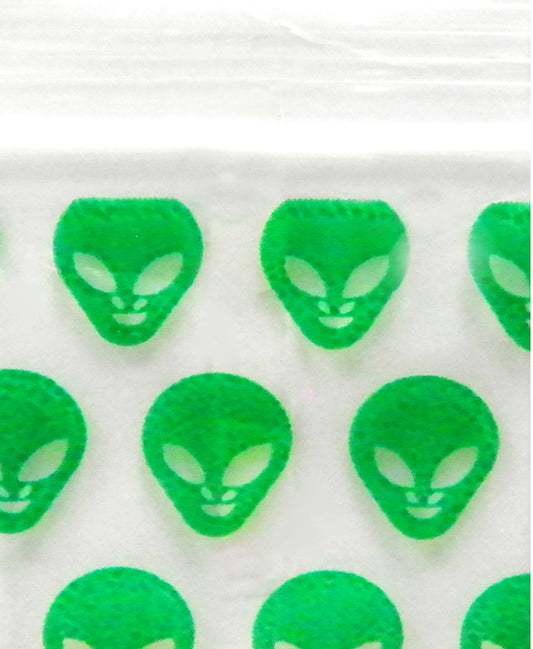 Resealable Original Apple Bags with alien design, 1 inch by 1 inch, ideal for storage or organizing small items.