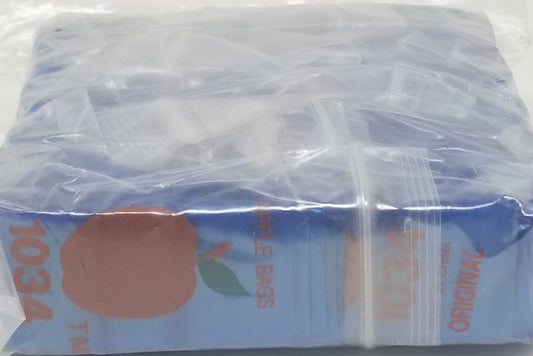 Blue resealable bags by Original Apple Bags, 1 inch by 3/4 inch, shown in a close-up image.