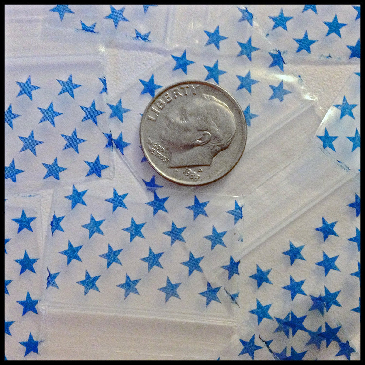 Original Apple Bags resealable bags with blue star design, 1.25" x 3/4" size for storing small items or crafts.