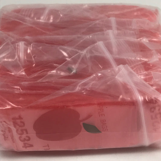 Red resealable original Apple Bags, 1.25" x 3/4" size, shown in a close-up image for storage and packaging purposes.