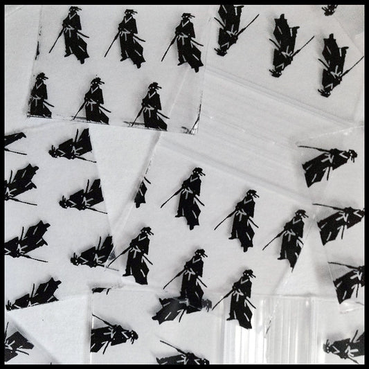Original Apple Bags resealable bags, 1.25x1 inch size, with Samurai design, perfect for storage and organization.