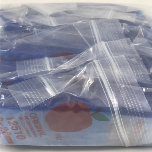 Blue 1.25" x 1" resealable Original Apple Bags for storing small items or snacks.