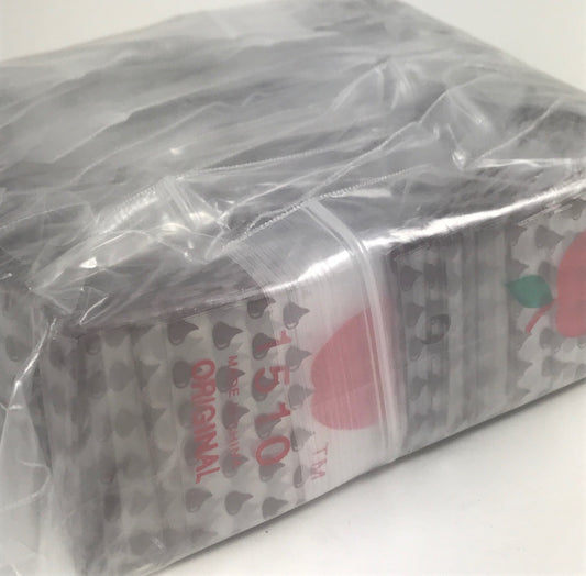 Resealable chocolate-colored Apple Bags, 1.5" x 1", made by Original Apple Bags, ideal for packaging small items.