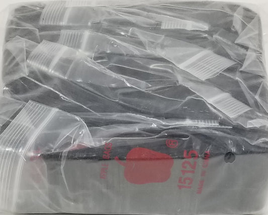 Black resealable bags from Original Apple Bags, 1.5" x 1.25", ideal for storing small items or packaging.