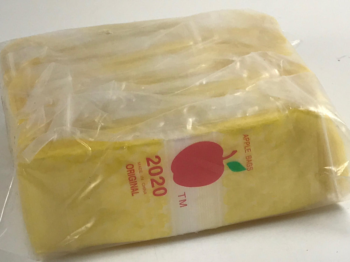 Original Apple Bags resealable 2x2-inch taxi cab-themed plastic bags, ideal for packaging or storage.