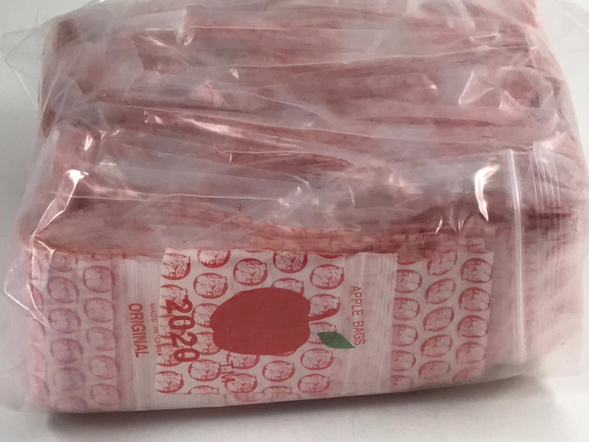 Red 2x2-inch resealable apple-shaped bags by Original Apple Bags, ideal for storage or gift packaging.