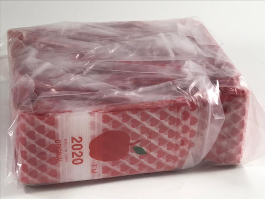Original Apple Bags 2x2-inch resealable bags with heart designs, ideal for packaging small gifts or treats.