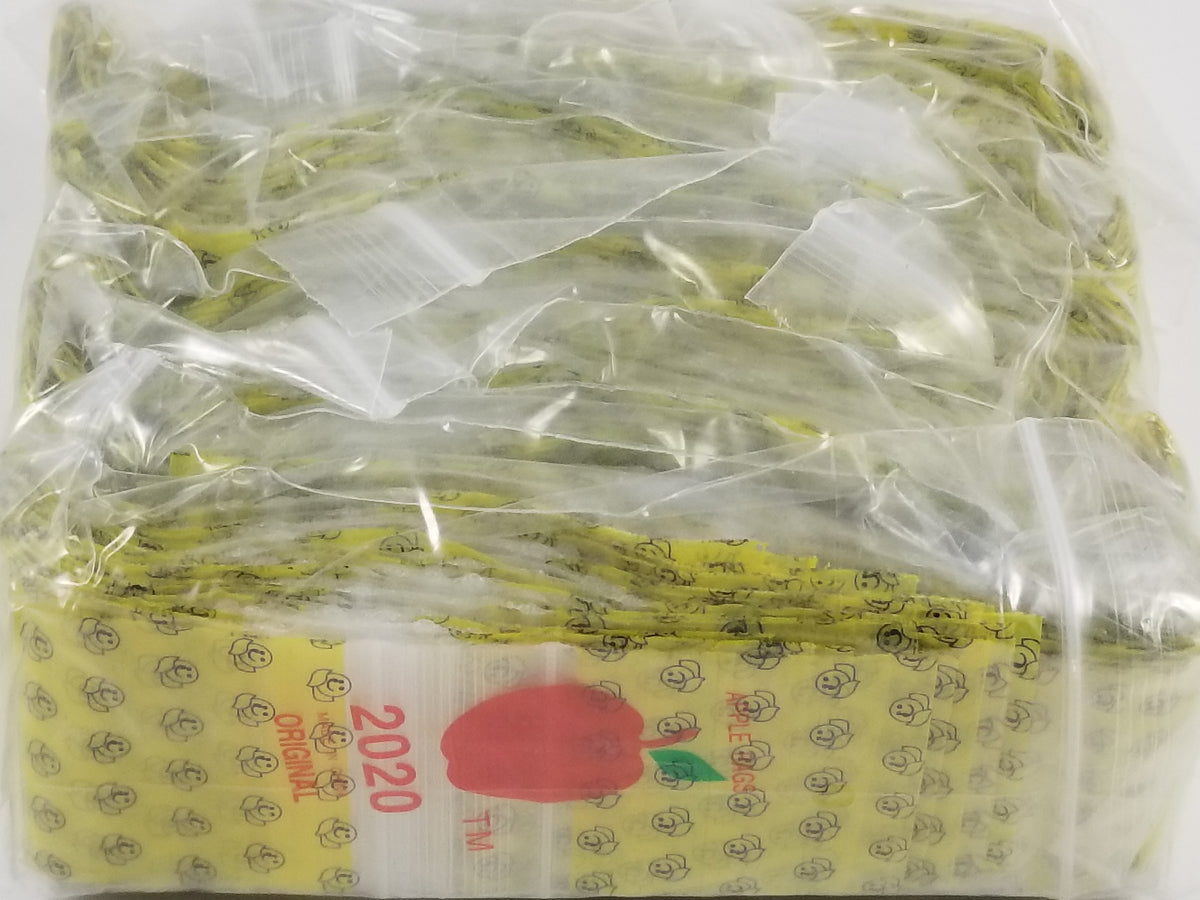 Resealable 2x2-inch Original Apple Bags with cheerful happy face design, perfect for packaging or storage.