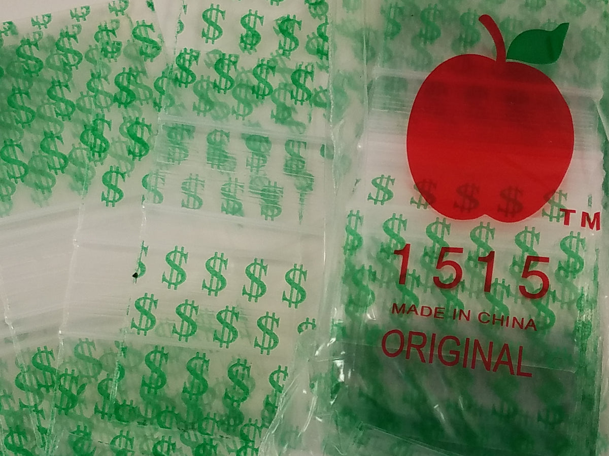 Resealable Original Apple Bags with dollar sign design, 1.5" x 1", ideal for packaging small items or gifts.