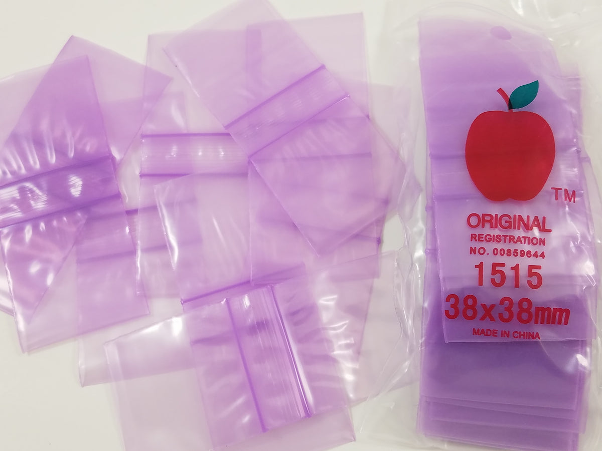 Purple 1.5x1.5-inch resealable bags from Original Apple Bags, ideal for packaging or organizing small items.