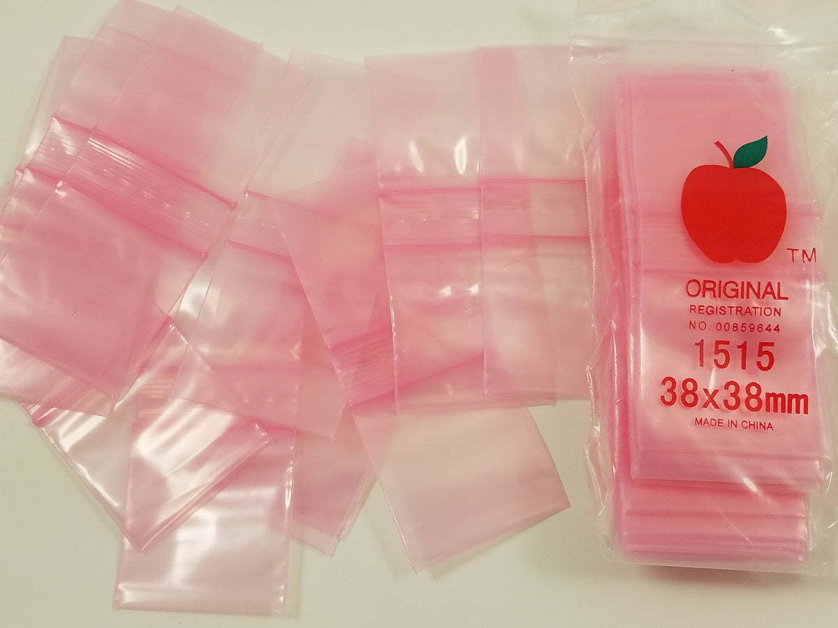 Pink 1.5x1.5-inch resealable Apple Bags by Original Apple Bags, ideal for packaging small items.