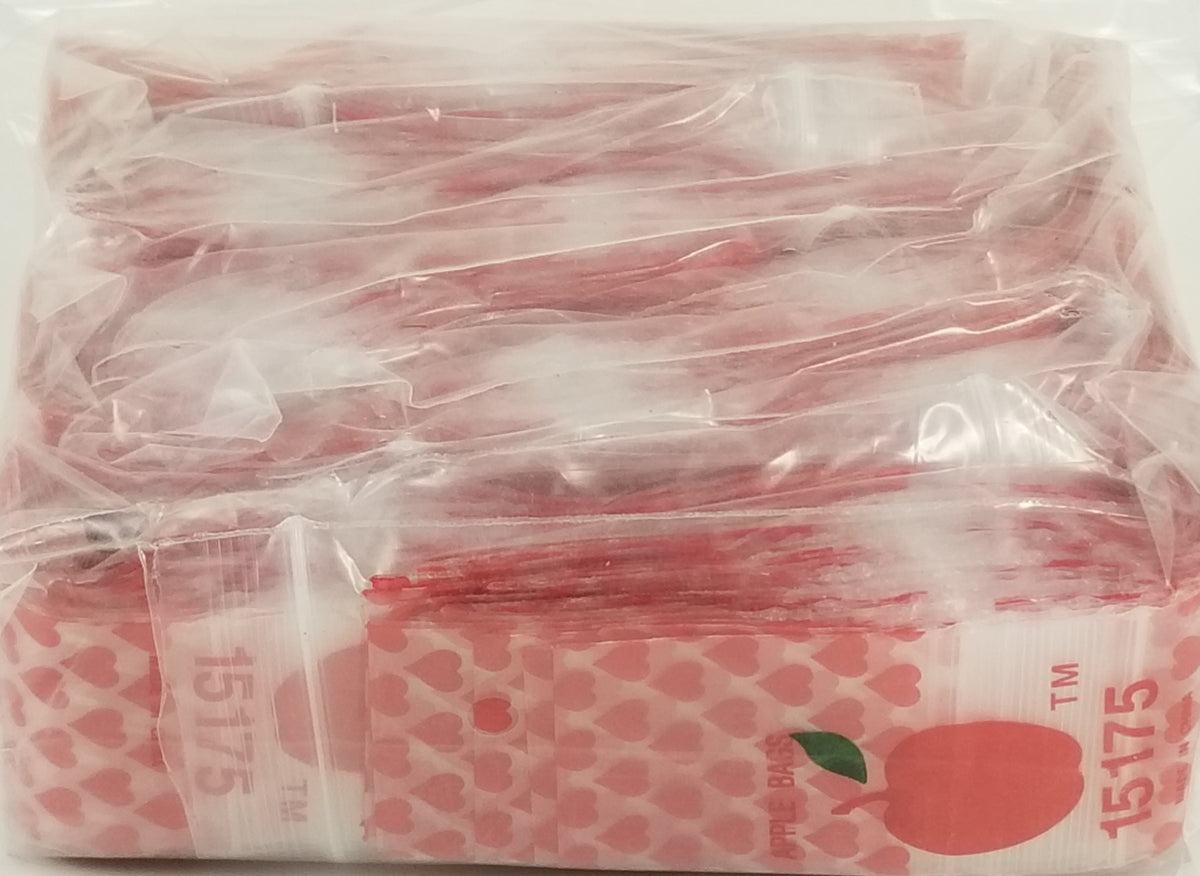 Resealable Original Apple Bags with heart designs, 1.5 x 1.75 inches, perfect for packaging small items or treats.