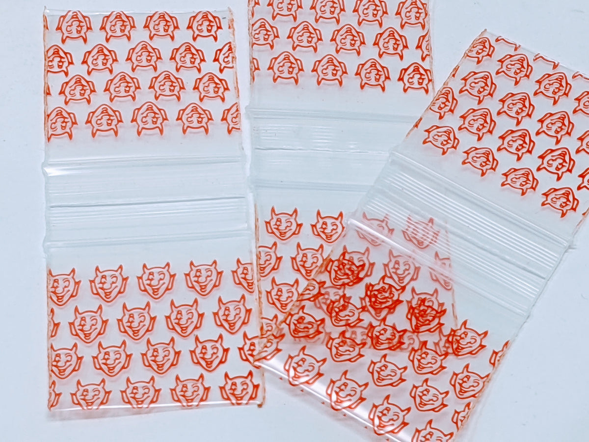 Red Devil resealable bags by Original Apple Bags in various sizes, shown with clear, resealable closures on a white background.
