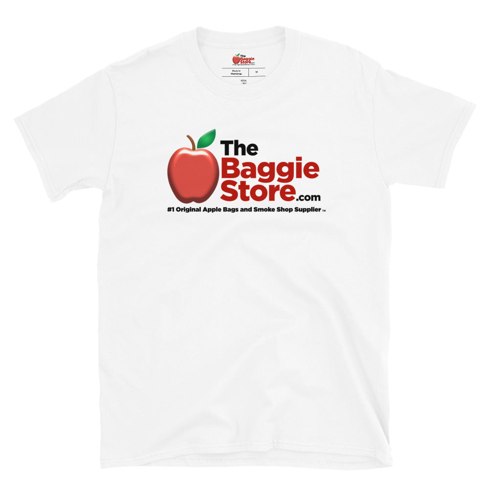 Unisex short-sleeve T-shirt by The Baggie Store, plain design, lightweight cotton fabric, white color, casual fit.