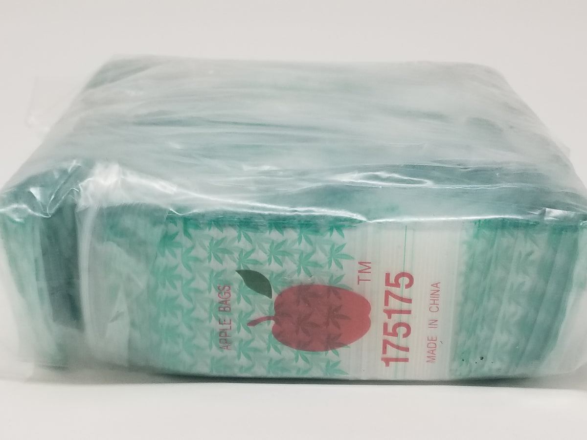 Original Apple Bags resealable bags with leaf design, measuring 1.75 x 1.75 inches, ideal for packaging small items.