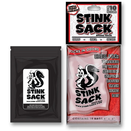 Small black Stink Sack bags, 4x6 inches, designed for odor containment and storage, shown in a close-up image.