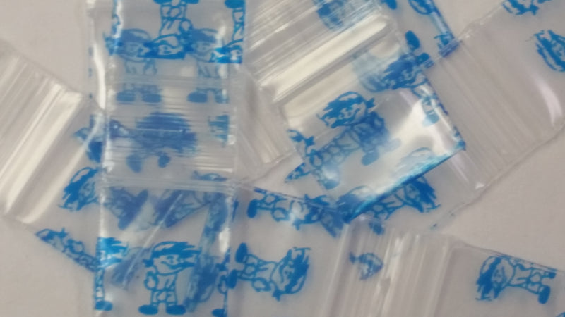 Blue 1212 Original Apple Bags by The Baggie Store, 1/2" x 1/2" size, showing the blue-tinted transparent plastic bags.
