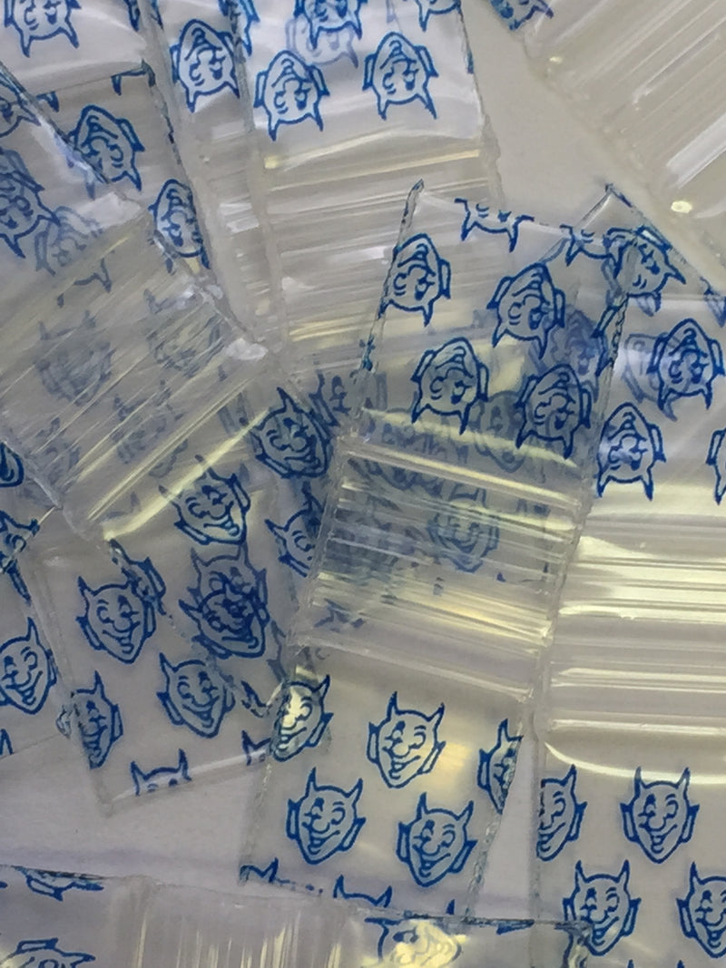 Blue 1212 SIZE 1212 Original Apple Bags from The Baggie Store, 1/2" x 1/2" dimensions, with blue devil design visible